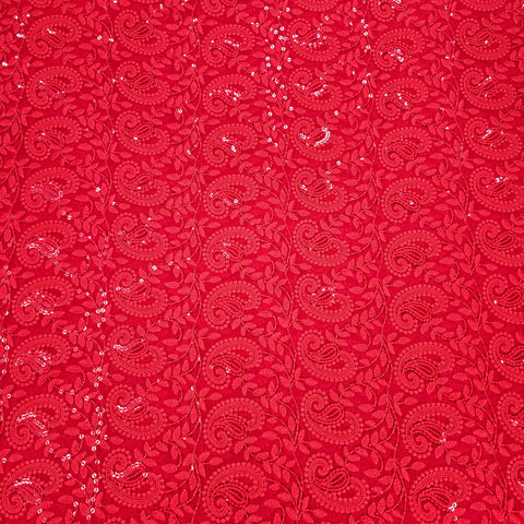 Embroidered Scarlete Red Hakoba Georgette Fabric with Sequins Threadwork