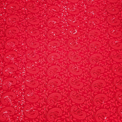 Embroidered Scarlete Red Hakoba Georgette Fabric with Sequins Threadwork