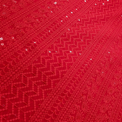 Yasna Embroidered Bright Red Hakoba Georgette Fabric with Sequins and Threadwork