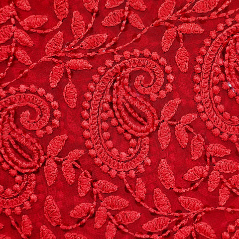 Embroidered Scarlete Red Hakoba Georgette Fabric with Sequins Threadwork
