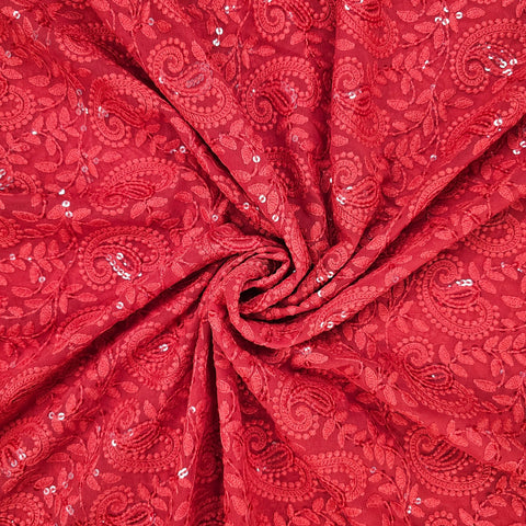 Embroidered Scarlete Red Hakoba Georgette Fabric with Sequins Threadwork