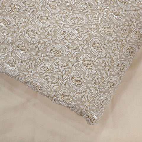 Embroidered Buff Hakoba Georgette Fabric with Sequins Threadwork