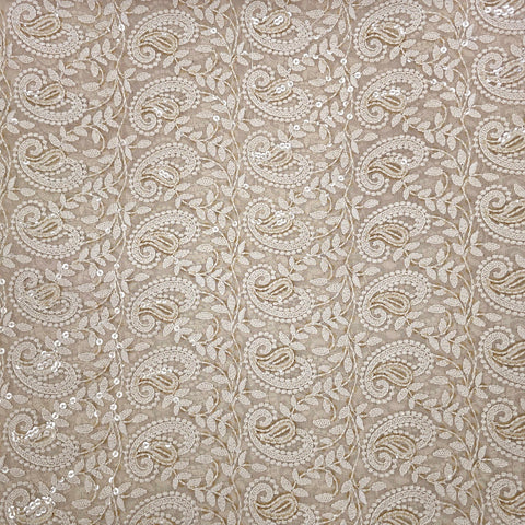 Embroidered Buff Hakoba Georgette Fabric with Sequins Threadwork