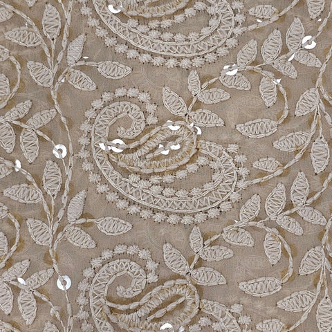 Embroidered Buff Hakoba Georgette Fabric with Sequins Threadwork