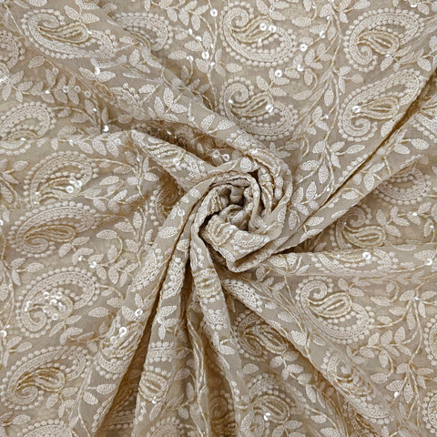 Embroidered Buff Hakoba Georgette Fabric with Sequins Threadwork
