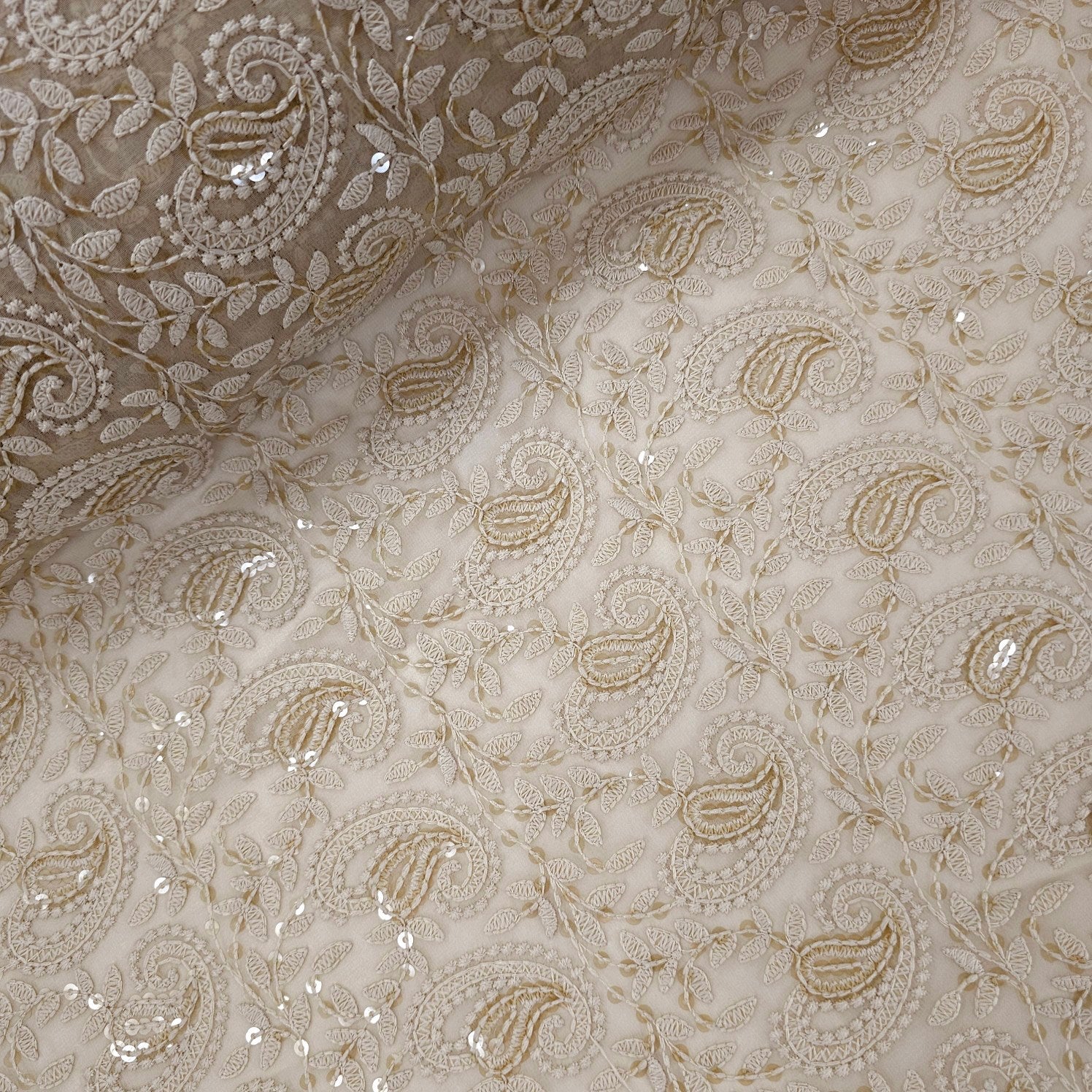 Embroidered Buff Hakoba Georgette Fabric with Sequins Threadwork