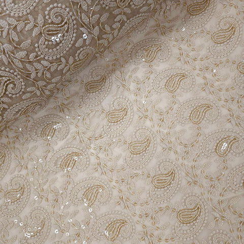 Embroidered Buff Hakoba Georgette Fabric with Sequins Threadwork