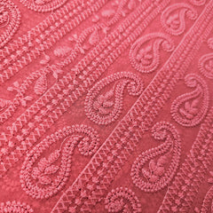 Hamza Embroidered Coral Hakoba Georgette Fabric with Threadwork on Georgette Fabric