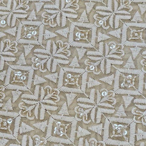 Embroidered Biege Hakoba Georgette Fabric with Sequins, Geometric and Floral Threadwork