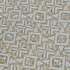 Embroidered Biege Hakoba Georgette Fabric with Sequins, Geometric and Floral Threadwork