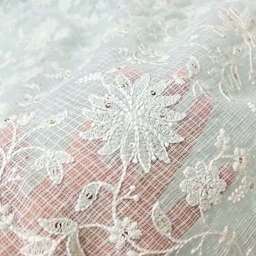 Floral Embroidered Light Powder Blue Kota Doria Fabric with Sequin Highlights