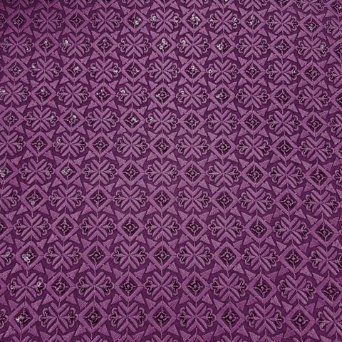 Embroidered Mauve Purple Hakoba Georgette Fabric with Sequins, Geometric and Floral Threadwork
