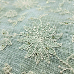 Floral Embroidered Light Powder Blue Kota Doria Fabric with Sequin Highlights