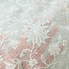 Floral Embroidered Light Powder Blue Kota Doria Fabric with Sequin Highlights