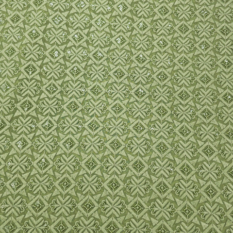 Embroidered Olive Green Hakoba Georgette Fabric with Sequins, Geometric and Floral Threadwork