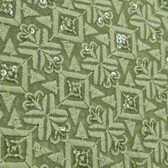Embroidered Olive Green Hakoba Georgette Fabric with Sequins, Geometric and Floral Threadwork