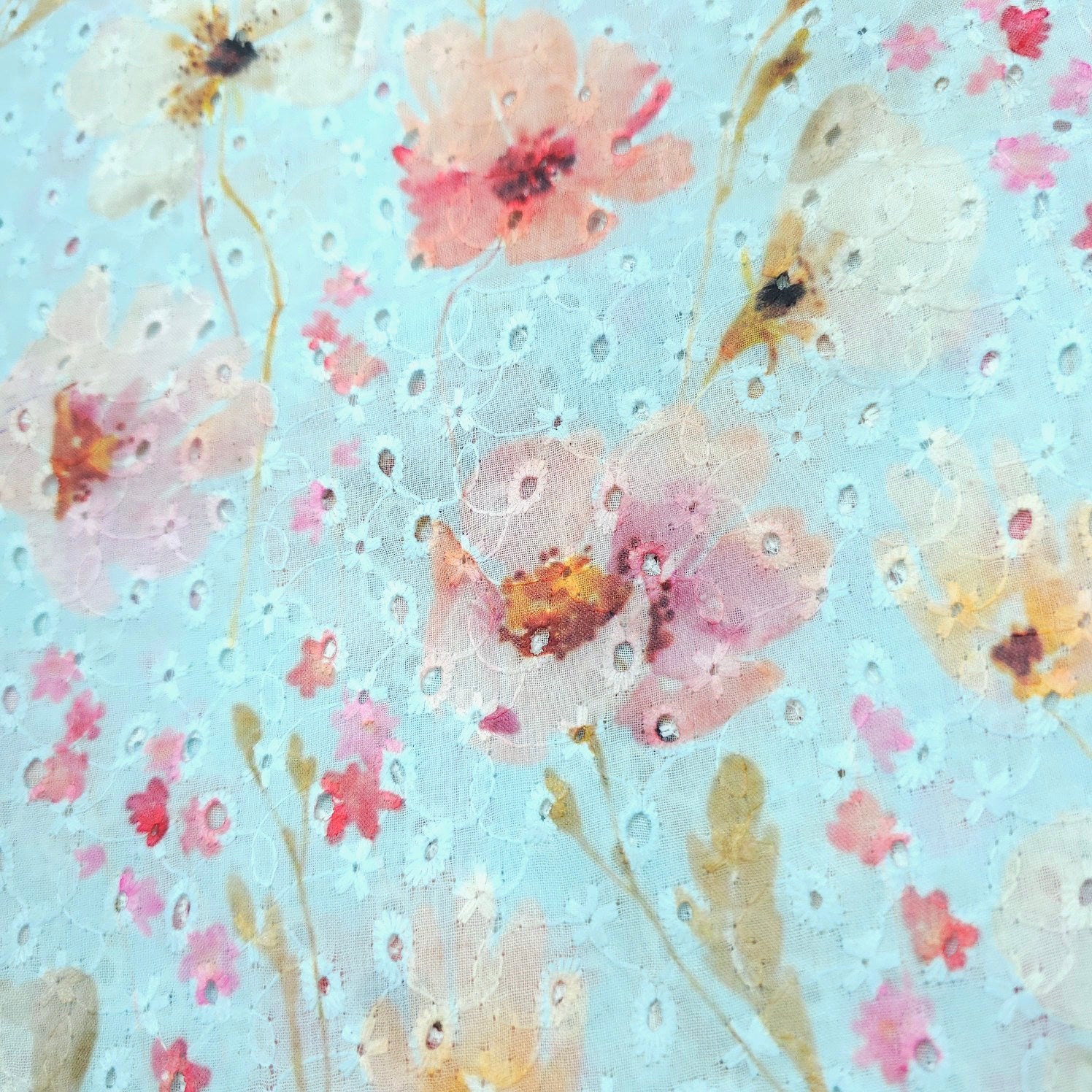 Soft Sky Blue Digital Floral Print on Hakoba Cotton Fabric