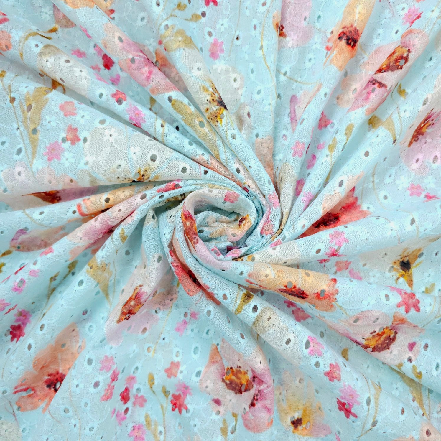 Soft Sky Blue Digital Floral Print on Hakoba Cotton Fabric