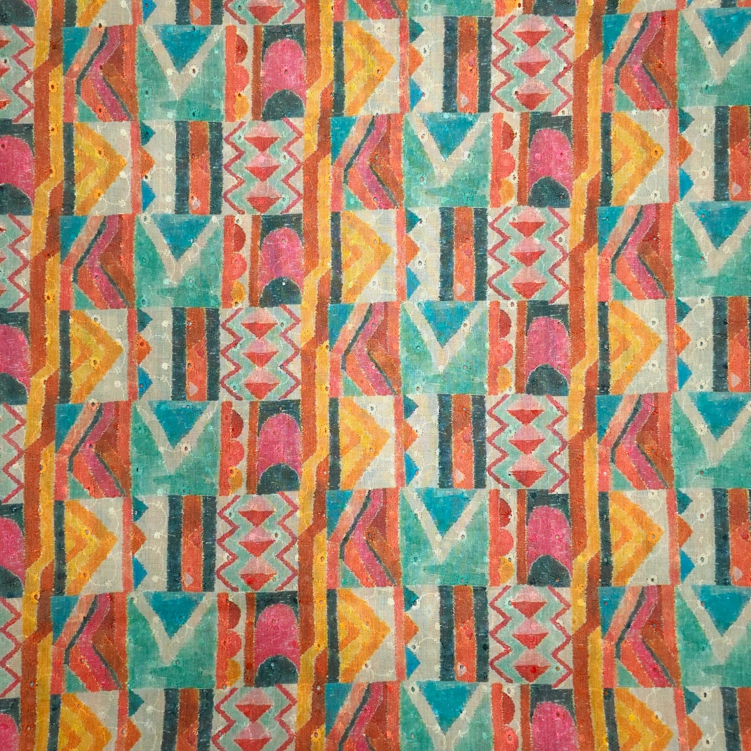Soft Mutli Color Digital Print on Hakoba Cotton Fabric with Tribal-inspire geometric patterns