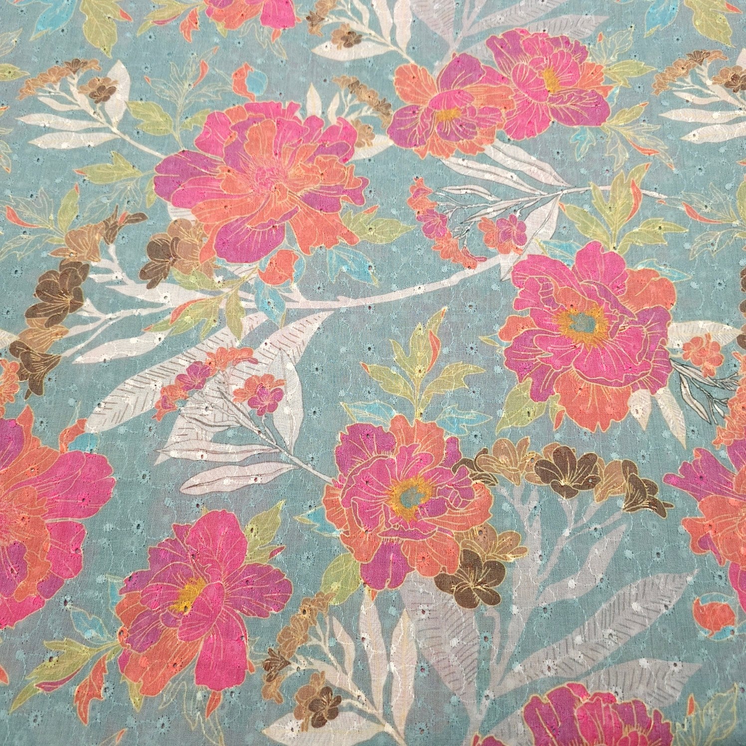 Digital Floral Print on Hakoba Cotton Fabric with Soft Light Sea Blue Base