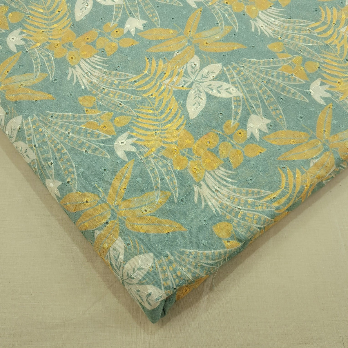 Digital Floral Print on Hakoba Cotton Fabric on Soft Light Muted Teal  Base