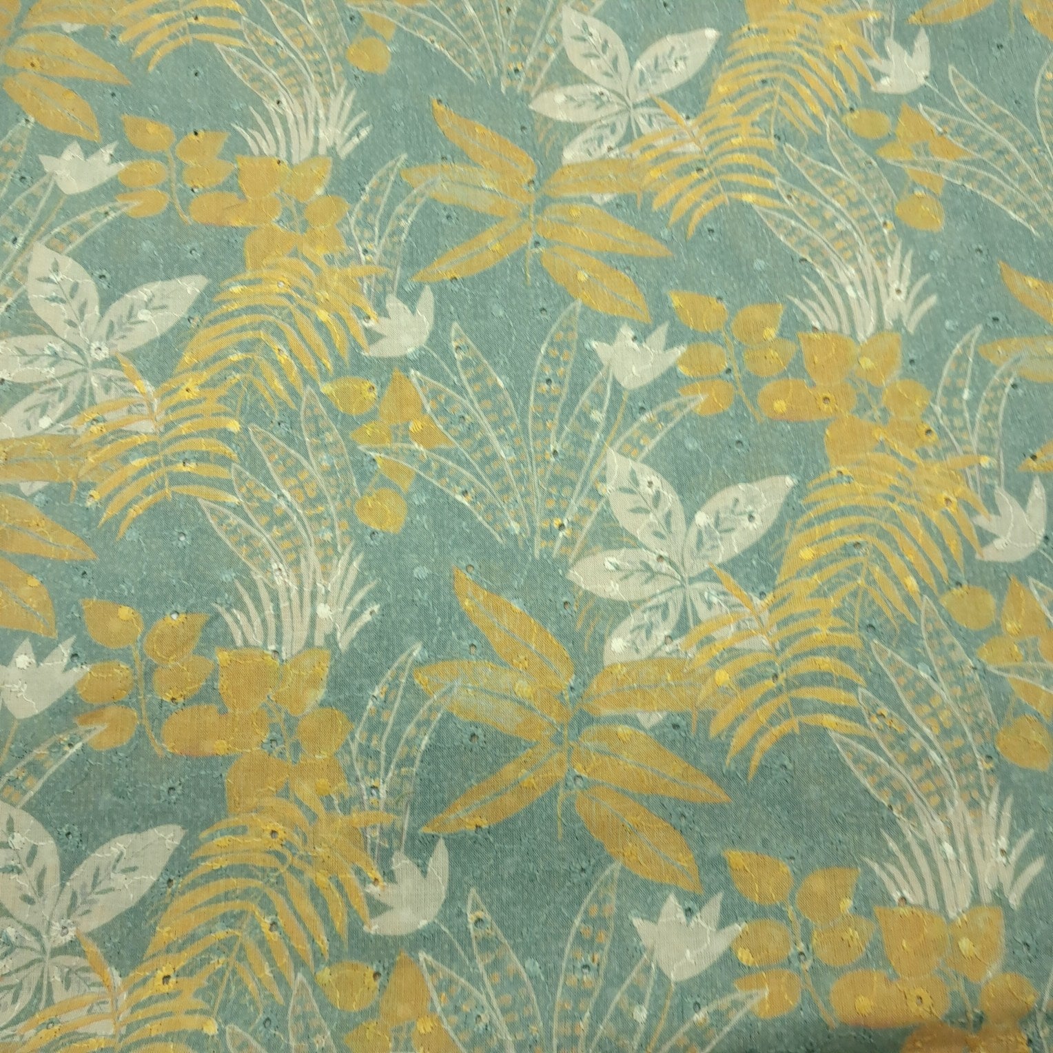 Digital Floral Print on Hakoba Cotton Fabric on Soft Light Muted Teal  Base