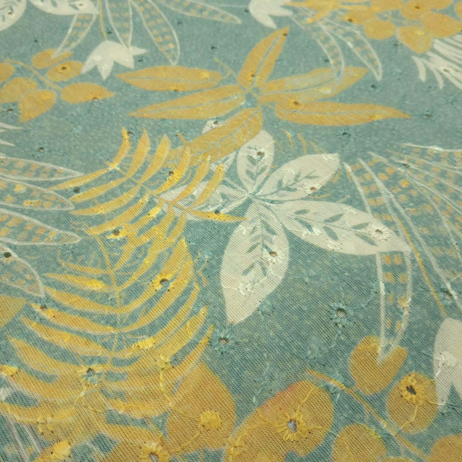 Digital Floral Print on Hakoba Cotton Fabric on Soft Light Muted Teal  Base