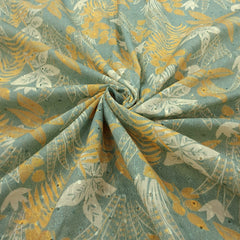 Digital Floral Print on Hakoba Cotton Fabric on Soft Light Muted Teal  Base