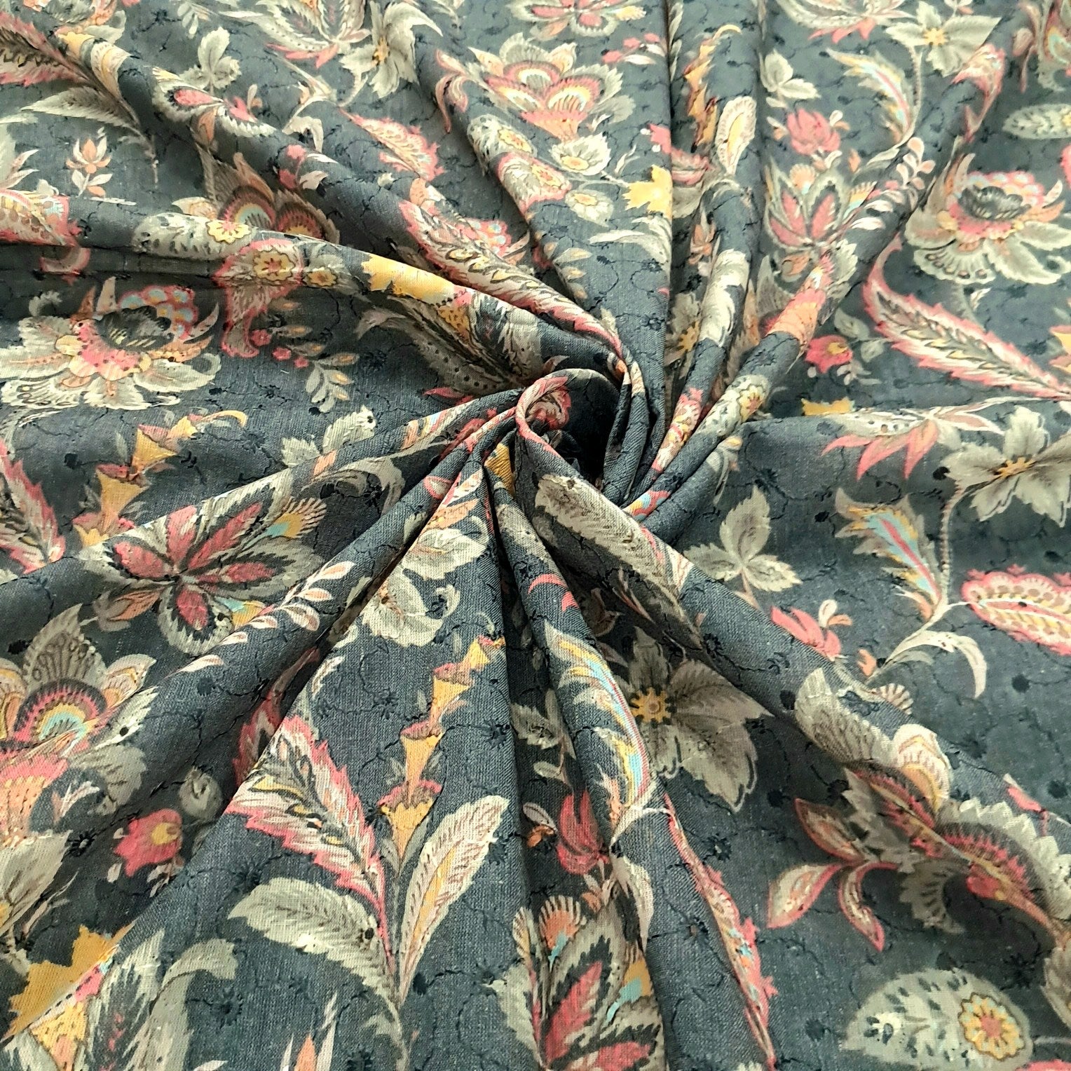 Soft Charcoal Digital Floral Print on Hakoba Cotton Fabric