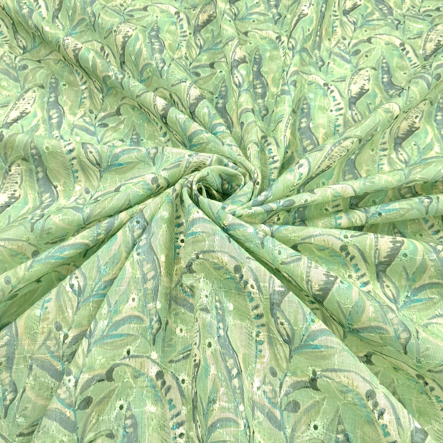 Soft Light Green Digital Floral Print on Hakoba Cotton Fabric