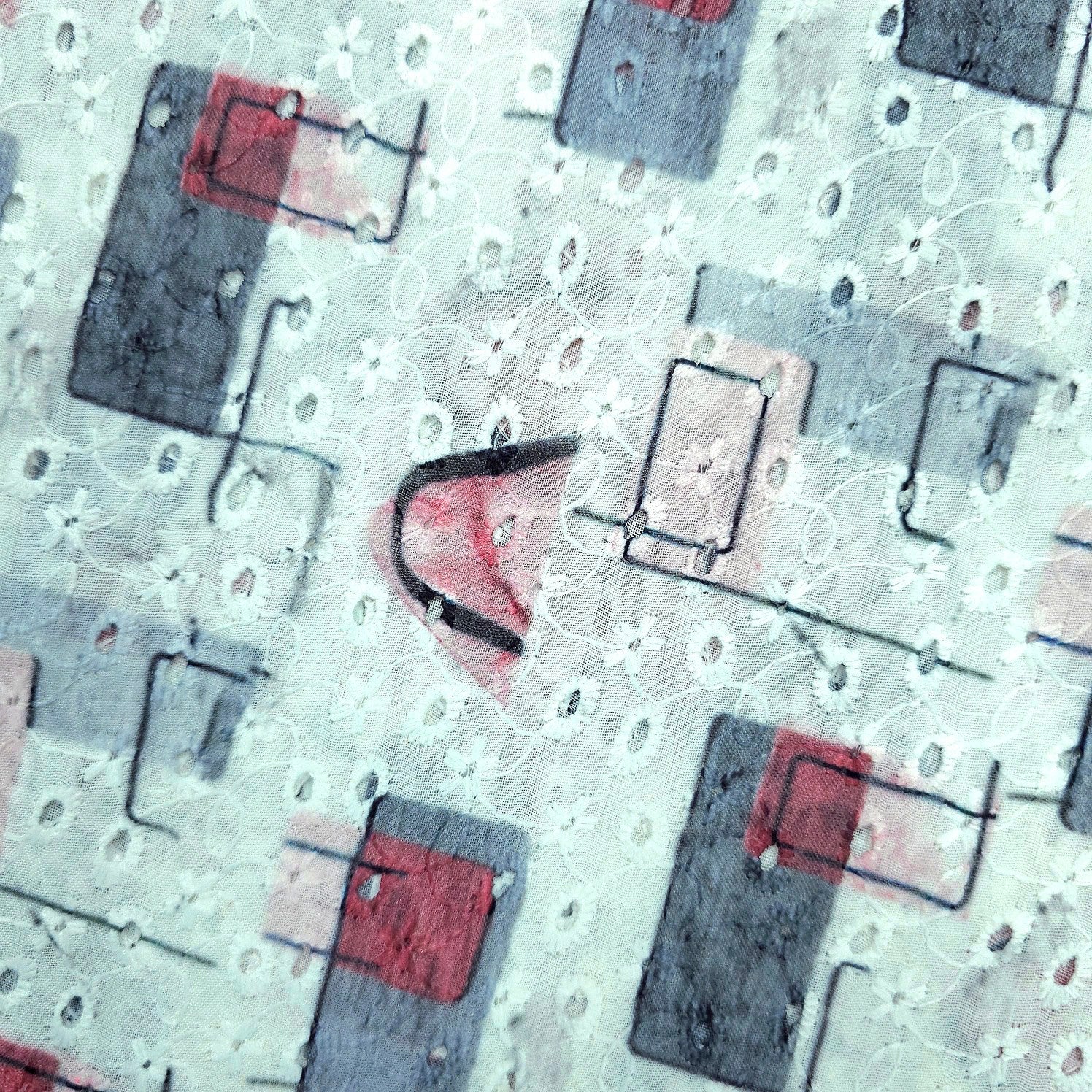 Soft White Digital Print on Hakoba Cotton Fabric with abstract geometric patterns