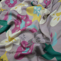 Mridu Digitally Printed Modal Satin Fabric on Light Grey Base with floral patterns