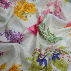 Mridu Digitally Printed Modal Satin Fabric on White Base with multicolored floral patterns