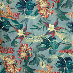 Mridu Digitally Printed Modal Satin Fabric on Dusty Teal Base with deep rich toned floral patterns