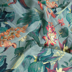 Mridu Digitally Printed Modal Satin Fabric on Dusty Teal Base with deep rich toned floral patterns