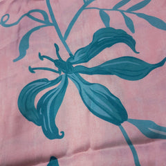 Mridu Digitally Printed Modal Satin Fabric on Soft Mauve Pink Base with blue floral patterns
