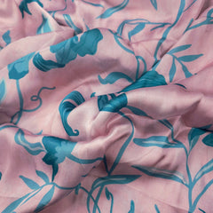 Mridu Digitally Printed Modal Satin Fabric on Soft Mauve Pink Base with blue floral patterns