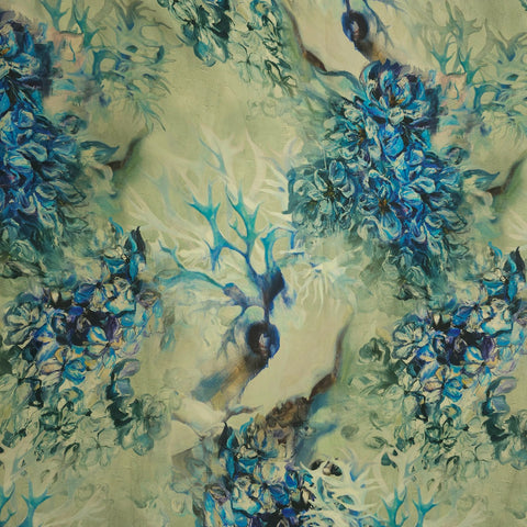 Mridu Digitally Printed Modal Satin Fabric on Pale Mint Green Base with blue floral patterns