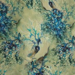 Mridu Digitally Printed Modal Satin Fabric on Pale Mint Green Base with blue floral patterns