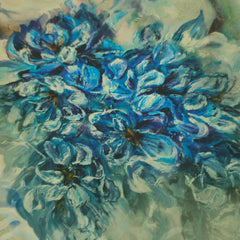 Mridu Digitally Printed Modal Satin Fabric on Pale Mint Green Base with blue floral patterns