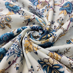 Digitally Printed Modal Fabric on Off-white Base with Blue & Yellow Floral Patterns