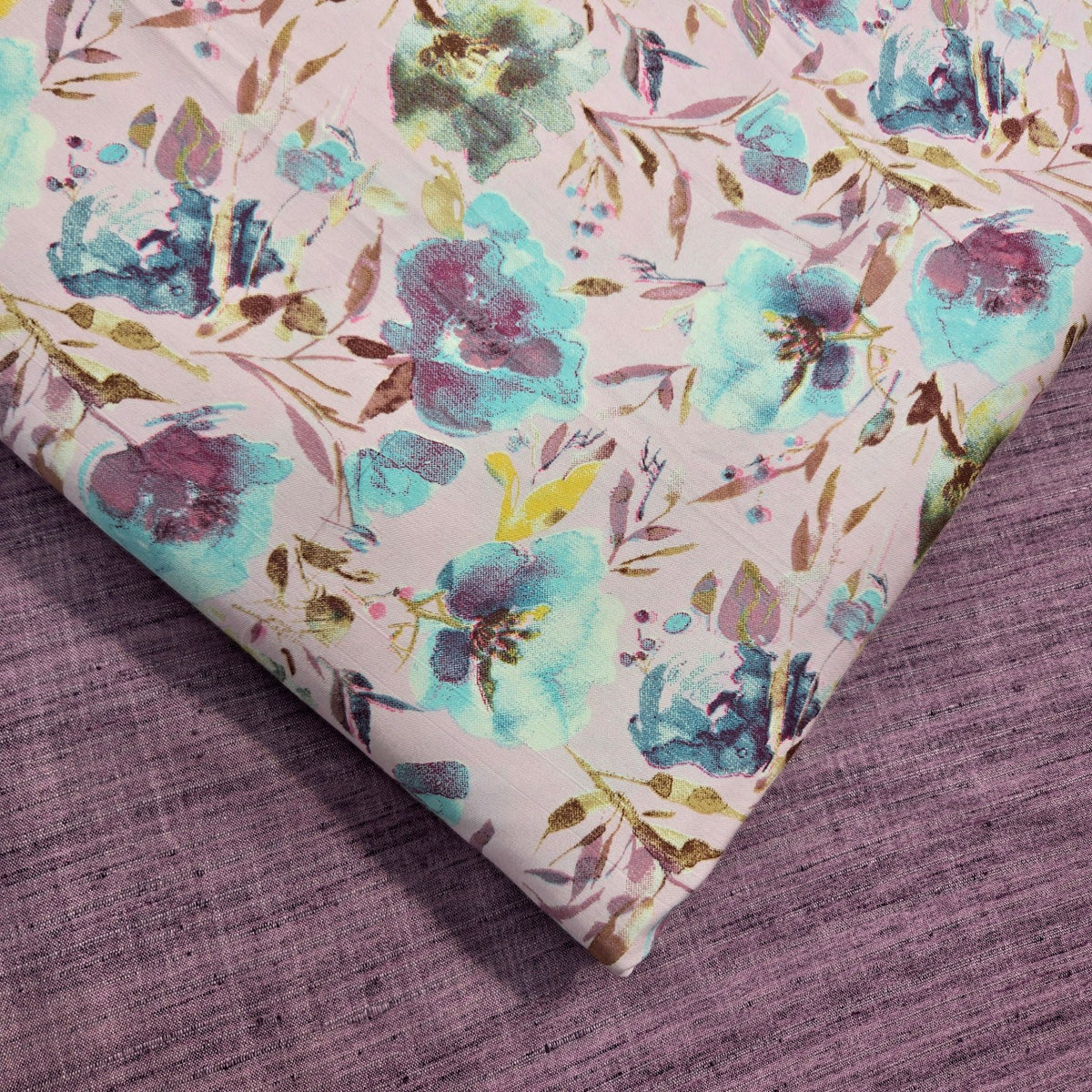 Digitally Printed Modal Fabric on Light Mauve Base with Blue & Purple Floral Patterns