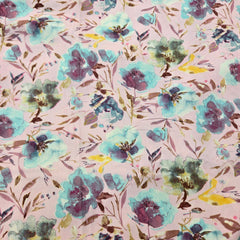 Digitally Printed Modal Fabric on Light Mauve Base with Blue & Purple Floral Patterns