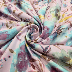Digitally Printed Modal Fabric on Light Mauve Base with Blue & Purple Floral Patterns