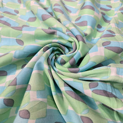 Digitally Printed Modal Fabric on Cream Base with Blue, Green & Purple Geometric Patterns