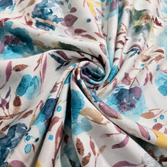 Digitally Printed Modal Fabric on White Base with Blue, Green & Purple Floral Patterns