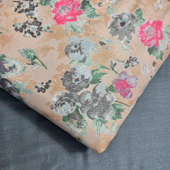 Digitally Printed Modal Fabric on Beige Base with Pink & Green Floral Patterns