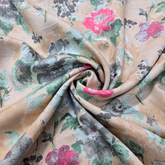 Digitally Printed Modal Fabric on Beige Base with Pink & Green Floral Patterns