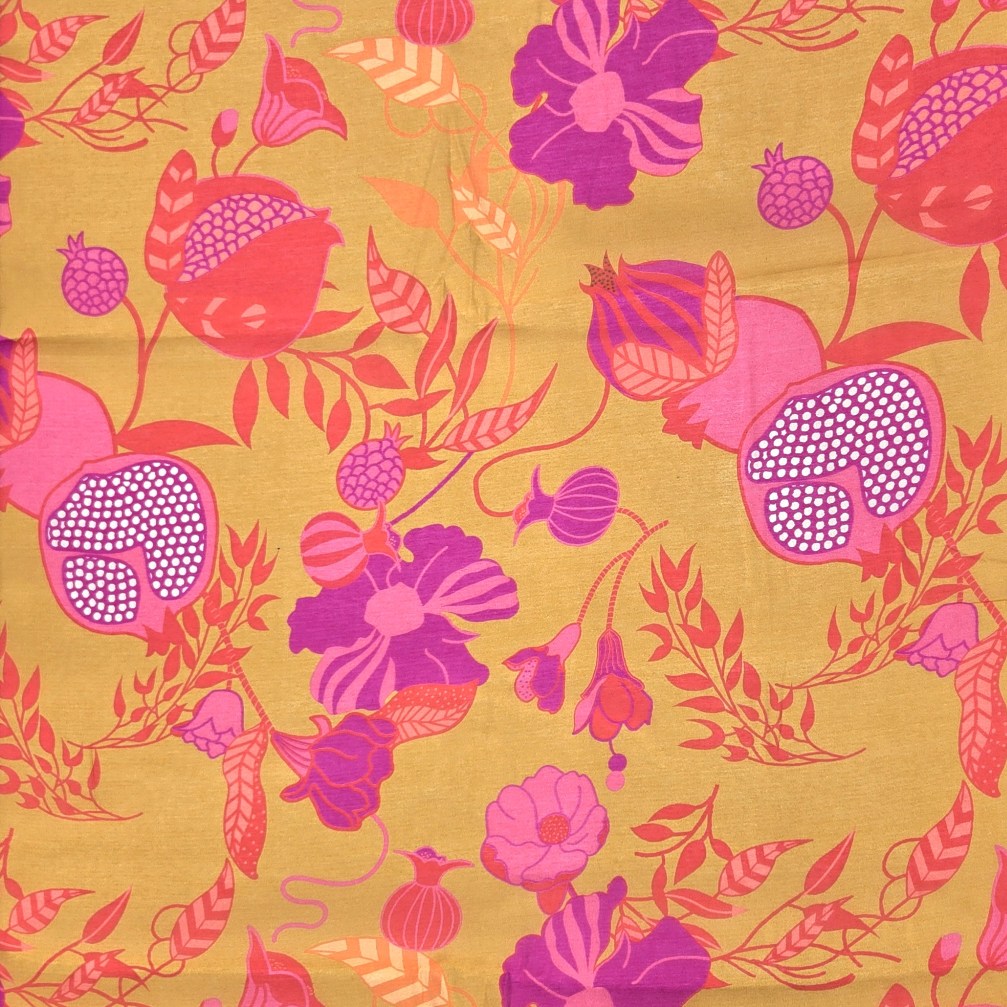Mustard Yellow Muslin Fabric with Digital Print Pomegranate Motifs