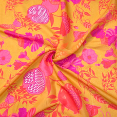 Mustard Yellow Muslin Fabric with Digital Print Pomegranate Motifs